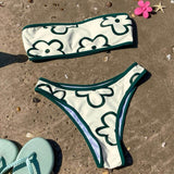 Lovely Floral Contrast Color Bandeau Brazilian Two Piece Bikini Swimsuit