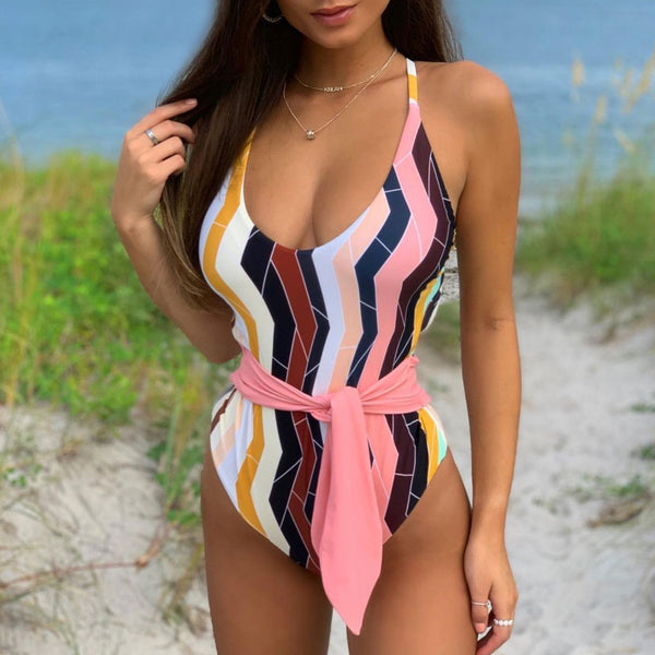 Low Back Belted Front Deep V Brazilian One Piece Swimsuit