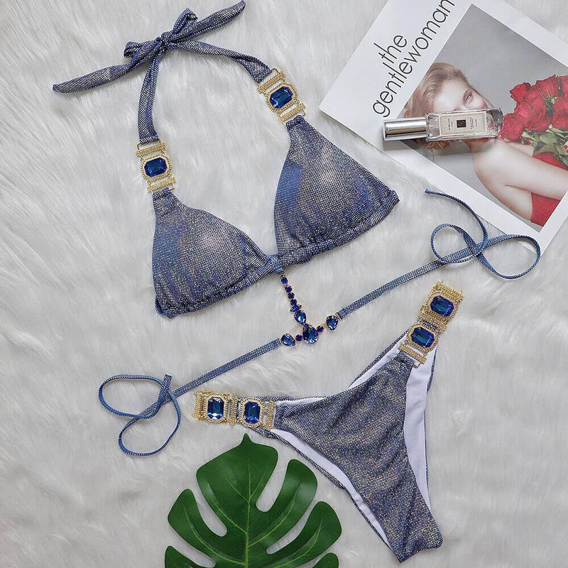 Luxury Crystal Embellished Slide Triangle Brazilian Two Piece Bikini Swimsuit
