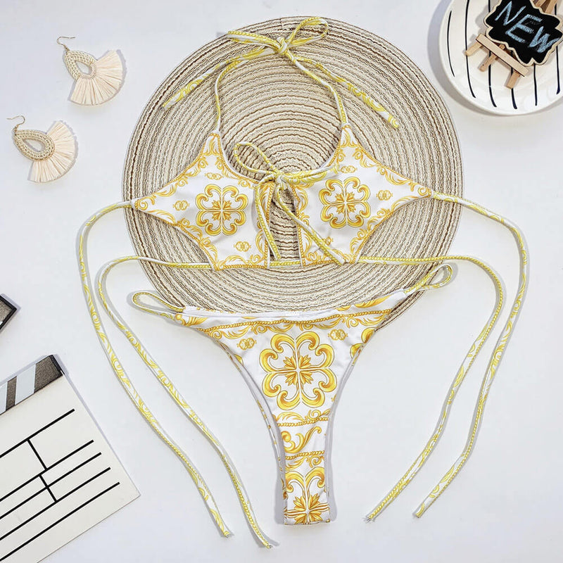 Luxury Floral Printed Tie String Cutout Brazilian Two Piece Bikini Swimsuit