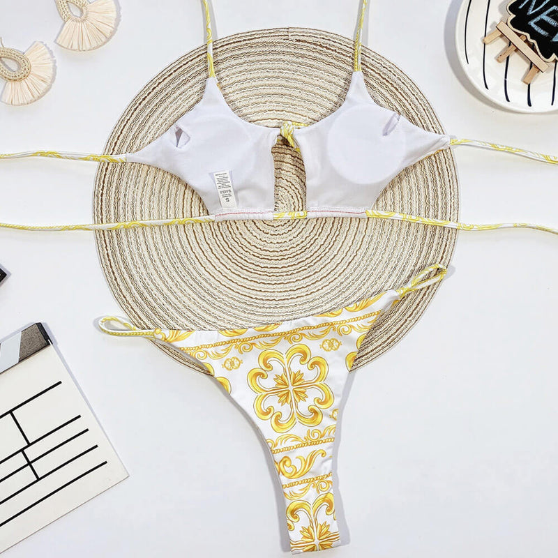 Luxury Floral Printed Tie String Cutout Brazilian Two Piece Bikini Swimsuit