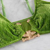 Luxury Notch Ring Velvet Shirred Brazilian Three Piece Bikini Swimsuit