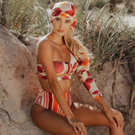Maple Print Stripe High Waist One Shoulder Brazilian Two Piece Bikini Swimsuit