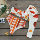 Maple Print Stripe High Waist One Shoulder Brazilian Two Piece Bikini Swimsuit