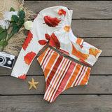 Maple Print Stripe High Waist One Shoulder Brazilian Two Piece Bikini Swimsuit