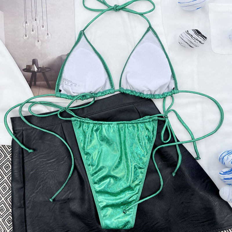 Metallic Abstract Print String Slide Triangle Brazilian Two Piece Bikini Swimsuit