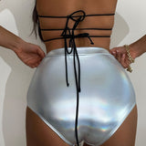Metallic Boyshort Starfish Trim Halter String Brazilian Two Piece Bikini Swimsuit