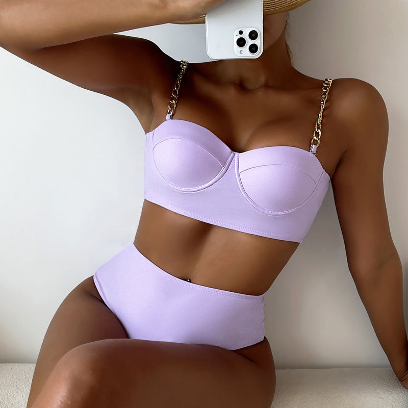 Metallic Chain High Waist Push Up Bralette Brazilian Two Piece Bikini Swimsuit