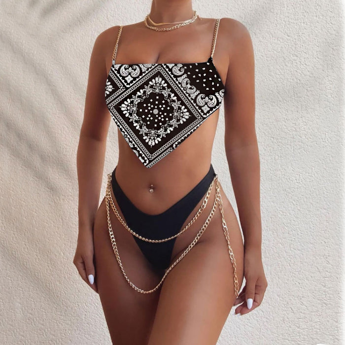 Metallic Chain Paisley Pattern Bandana Hem Brazilian Two Piece Bikini Swimsuit