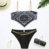 Metallic Chain Paisley Pattern Bandana Hem Brazilian Two Piece Bikini Swimsuit