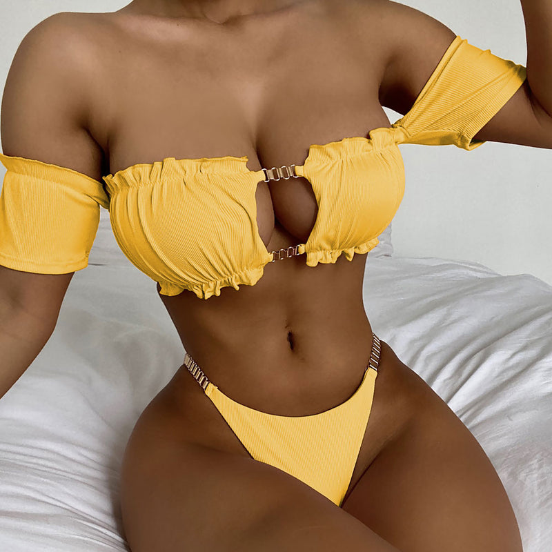 Metallic Cut Out Ribbed Ruffle Off Shoulder Brazilian Two Piece Bikini Swimsuit