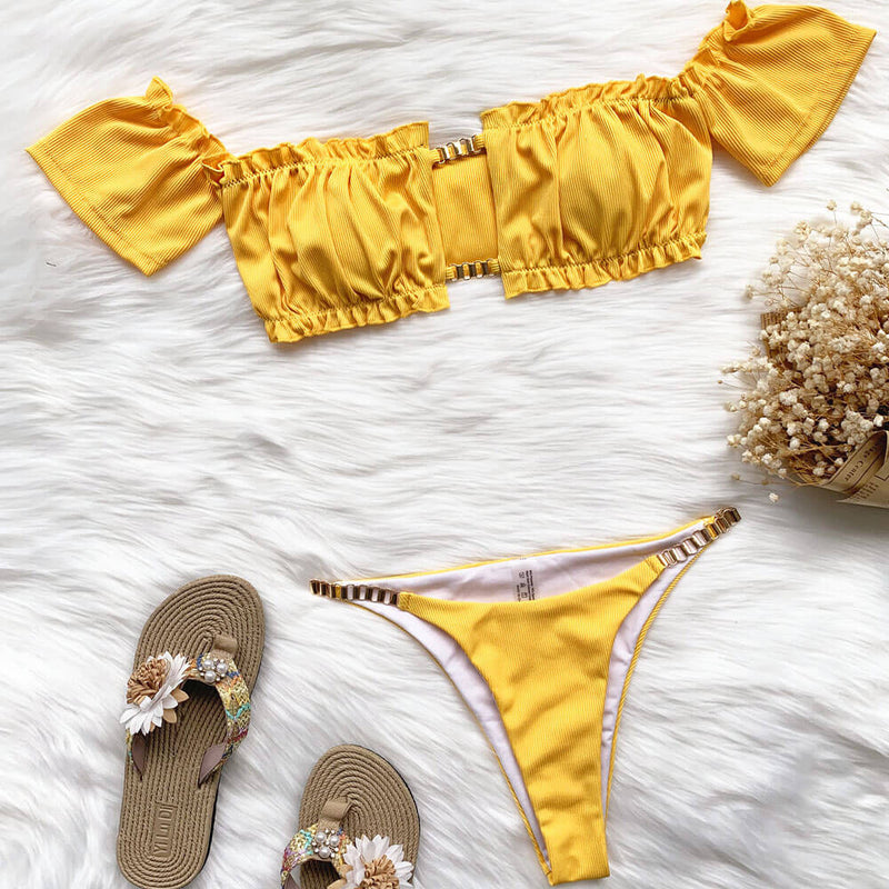 Metallic Cut Out Ribbed Ruffle Off Shoulder Brazilian Two Piece Bikini Swimsuit