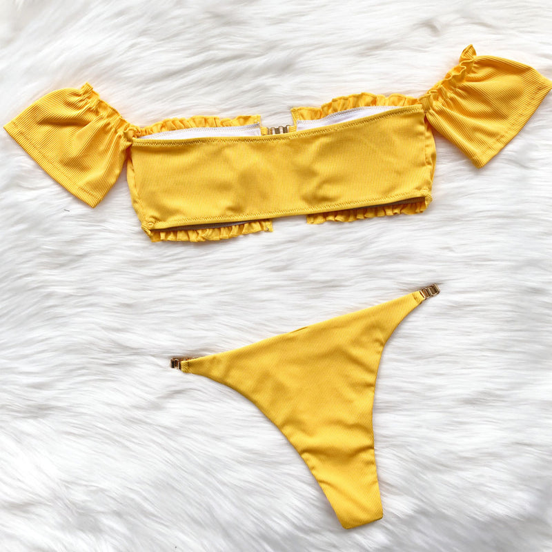 Metallic Cut Out Ribbed Ruffle Off Shoulder Brazilian Two Piece Bikini Swimsuit