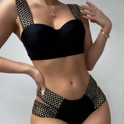 Metallic Geometric Cutout Underwire Brazilian Two Piece Bikini Swimsuit