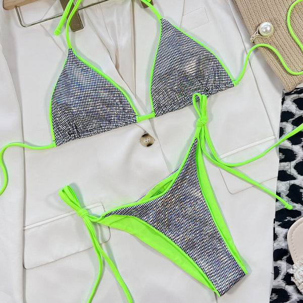 Metallic Gingham Neon String Slide Triangle Brazilian Two Piece Bikini Swimsuit