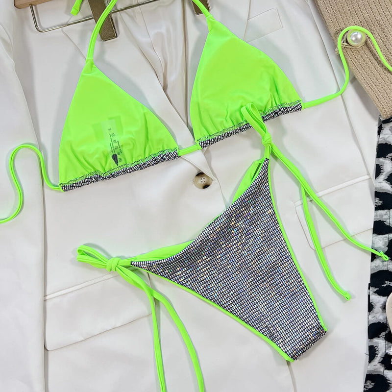 Metallic Gingham Neon String Slide Triangle Brazilian Two Piece Bikini Swimsuit