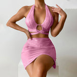 Metallic High Cut Cutout Halter Brazilian Three Piece Bikini Swimsuit