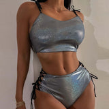 Metallic Lace Up Bralette Crop Brazilian Two Piece Bikini Swimsuit