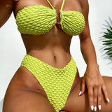 Metallic Notch High Cut Cheeky Textured Brazilian Two Piece Bikini Swimsuit