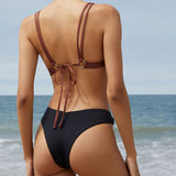 Metallic O Ring Contrast Tie Back Triangle Brazilian Two Piece Bikini Swimsuit