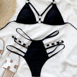 Metallic O Ring Cutout Halter Slide Triangle Brazilian Two Piece Bikini Swimsuit