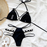 Metallic O Ring Cutout Halter Slide Triangle Brazilian Two Piece Bikini Swimsuit