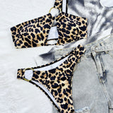 Metallic O Ring Cutout Leopard One Shoulder Brazilian Two Piece Bikini Swimsuit