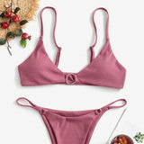 Metallic O Ring Ribbed String Bralette Brazilian Two Piece Bikini Swimsuit