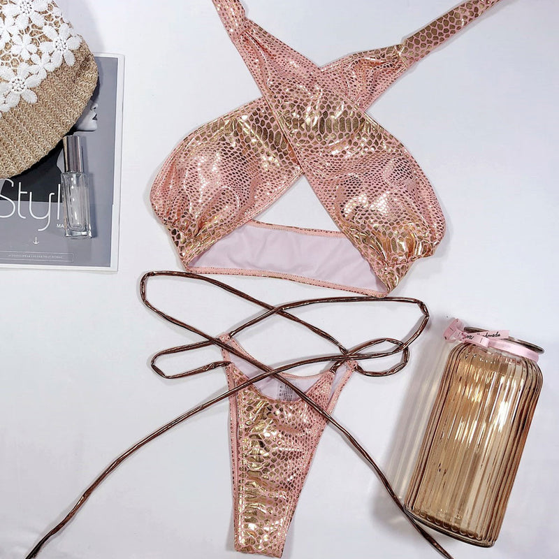 Metallic Print Cross Wrap Halter Tie String Brazilian Two Piece Bikini Swimsuit