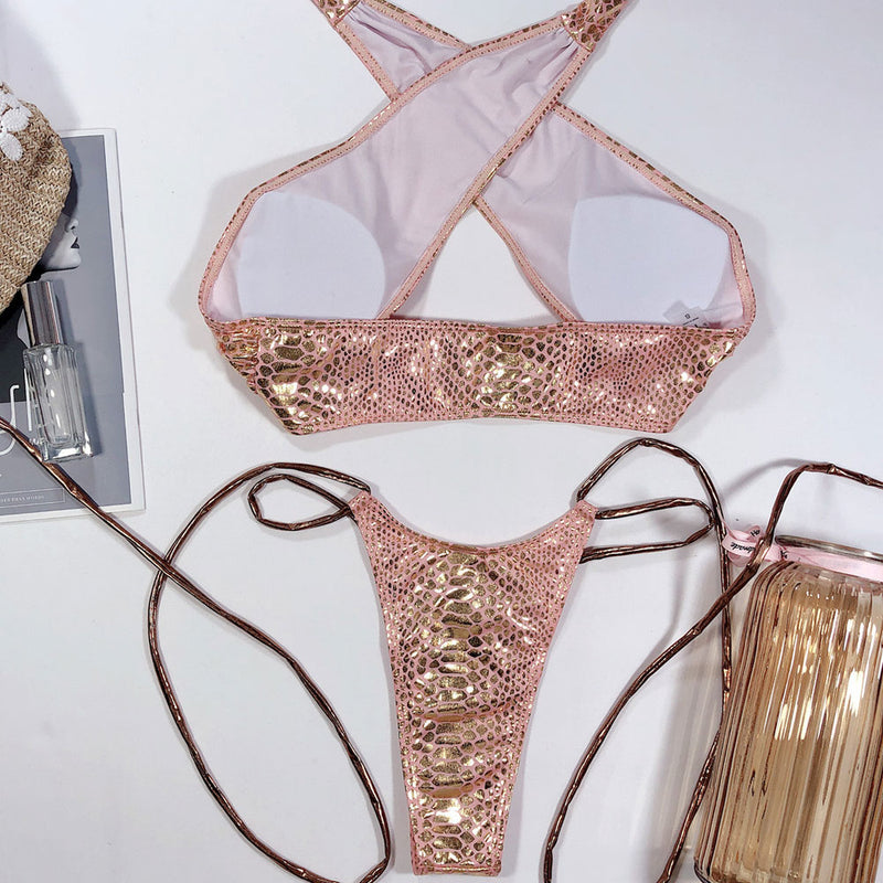 Metallic Print Cross Wrap Halter Tie String Brazilian Two Piece Bikini Swimsuit