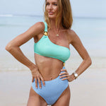 Metallic Shell Shirred Cutout One Shoulder Brazilian One Piece Swimsuit
