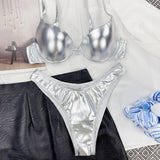 Metallic Solid Color High Cut Underwire Brazilian Two Piece Bikini Swimsuit