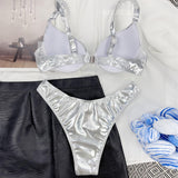 Metallic Solid Color High Cut Underwire Brazilian Two Piece Bikini Swimsuit