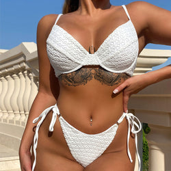 Minimalist Textured Tie String Underwire Brazilian Two Piece Bikini Swimsuit