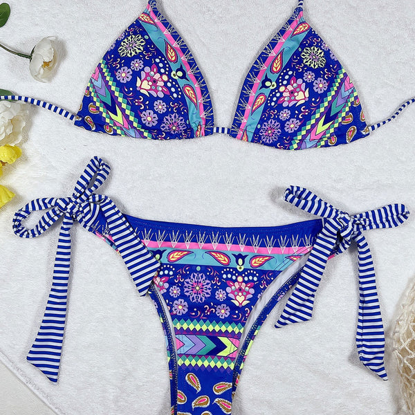Nautical Floral Tie Side Cheeky Slide Triangle Brazilian Two Piece Bikini Swimsuit