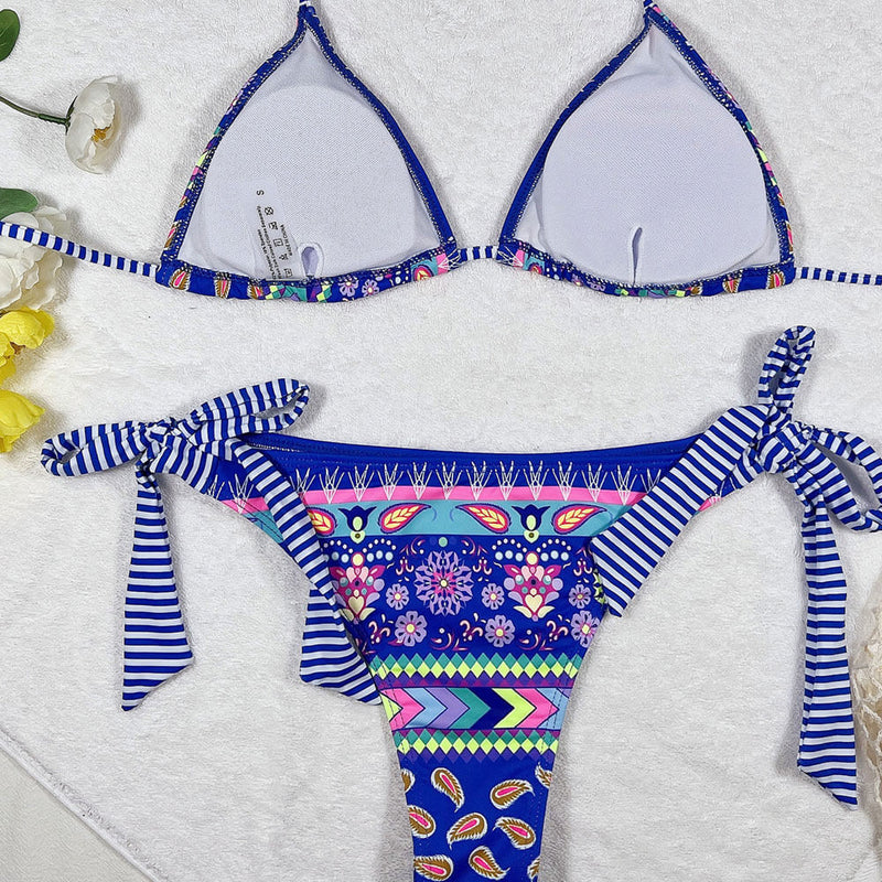 Nautical Floral Tie Side Cheeky Slide Triangle Brazilian Two Piece Bikini Swimsuit