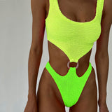 Neon High Cut Smocked Cutout Brazilian Monokini One Piece Swimsuit