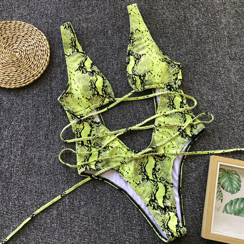 Neon Snake Print High Cut Cross Cutout Deep V Brazilian One Piece Swimsuit