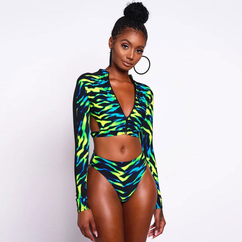 Neon Wave Cutout Zipper Front Crop Brazilian Two Piece Bikini Swimsuit