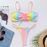 Ombre Rainbow Color Drawstring Bralette Brazilian Two Piece Bikini Swimsuit