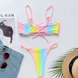 Ombre Rainbow Color Drawstring Bralette Brazilian Two Piece Bikini Swimsuit