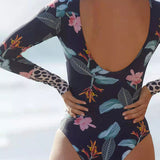 Open Back Floral Printed Long Sleeve Rash Guard One Piece Swimsuit