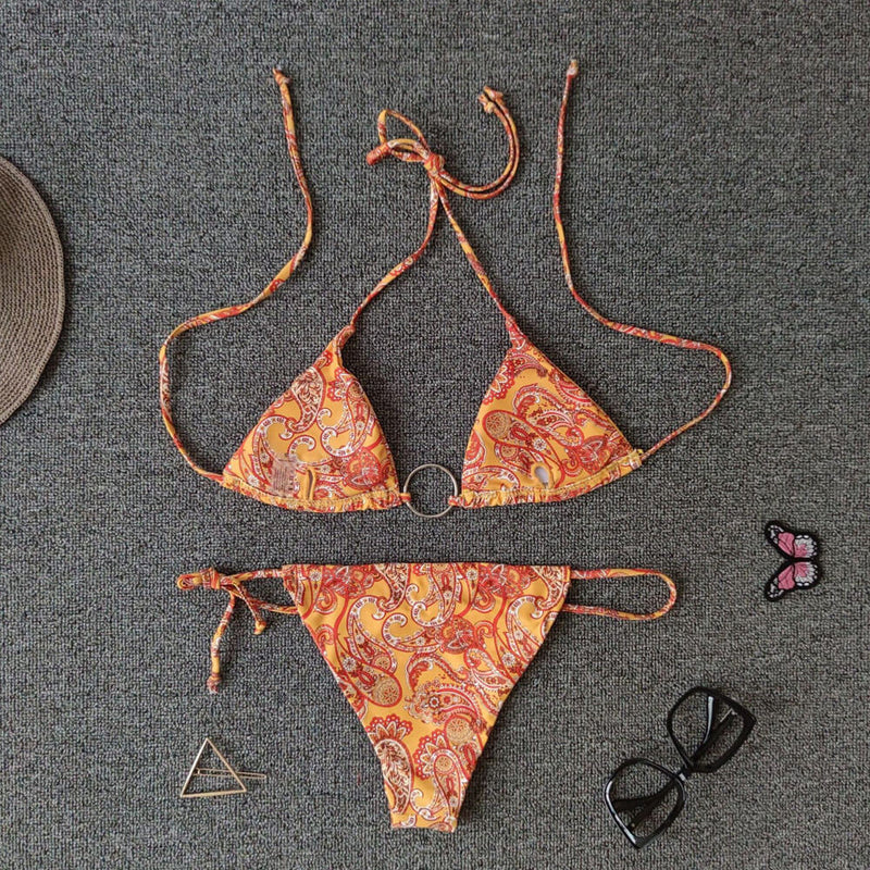 Paisley Print Metal Ring Slide Triangle Brazilian Two Piece Bikini Swimsuit