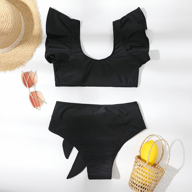 Pretty High Waist Ruffle Notch Front Brazilian Two Piece Bikini Swimsuit