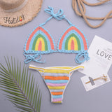 Rainbow Style Crochet Halter Slide Triangle Brazilian Two Piece Bikini Swimsuit