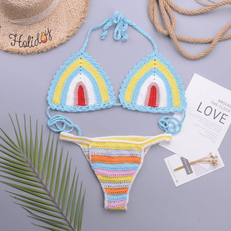 Rainbow Style Crochet Halter Slide Triangle Brazilian Two Piece Bikini Swimsuit