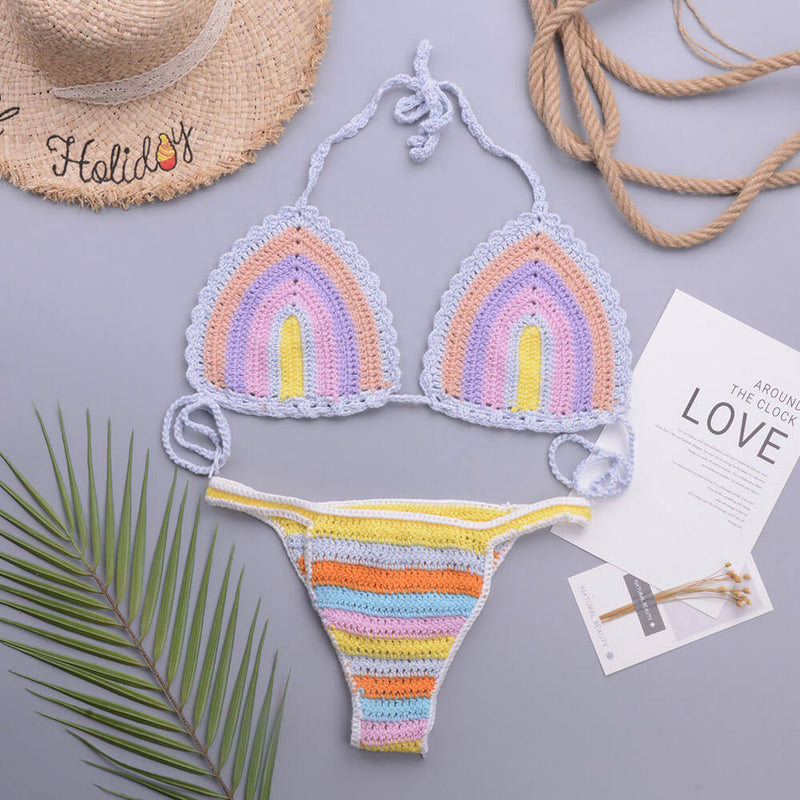 Rainbow Style Crochet Halter Slide Triangle Brazilian Two Piece Bikini Swimsuit