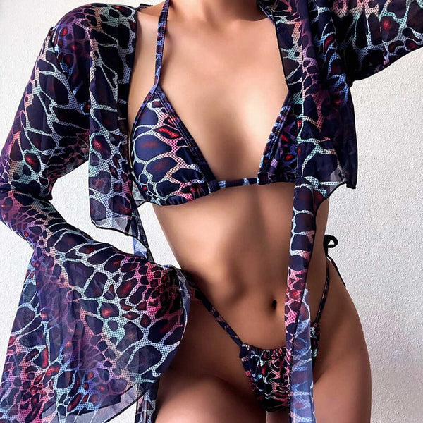 Retro Printed Cover Up Slide Triangle Brazilian Three Piece Bikini Swimsuit