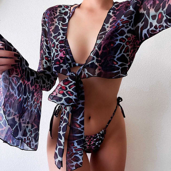 Retro Printed Cover Up Slide Triangle Brazilian Three Piece Bikini Swimsuit