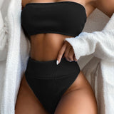 Rib Knit High Waist High Cut Bandeau Brazilian Two Piece Bikini Swimsuit